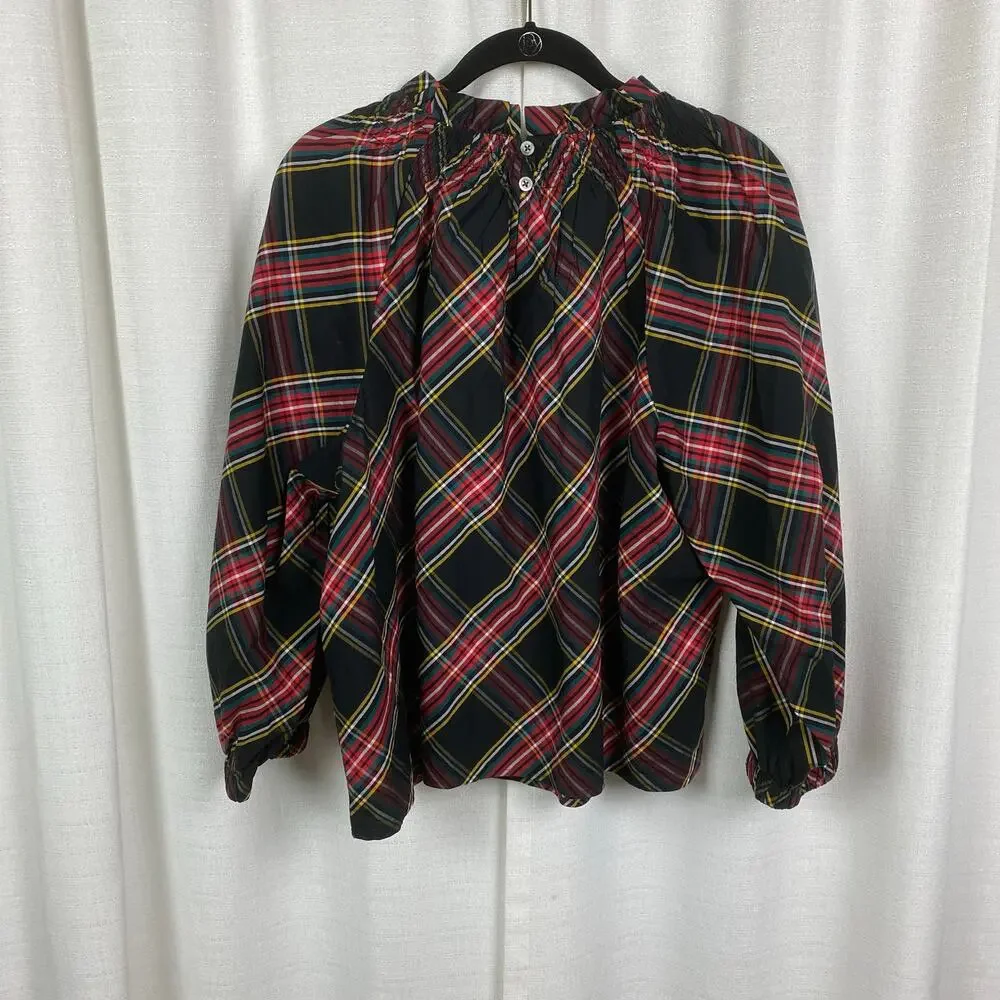 J.Crew Black&Red Holiday Plaid Puff Sleeve Blouse Sz.L NWT